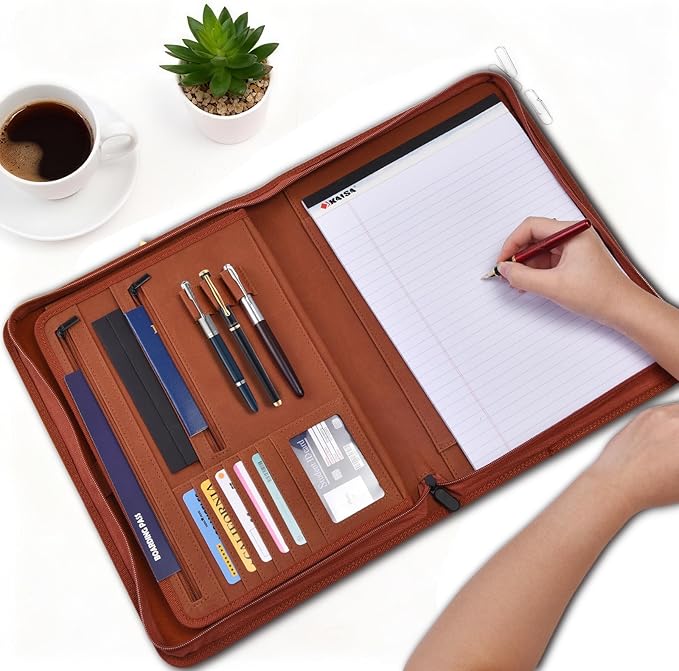 Premium Vegan Leather Portfolio Organizer Business Folder - Zippered Padfolio with Zipper Closure Pad Holder Compatible with Legal Pads 8.5 x 11 Inch for Women & Men (Brown)