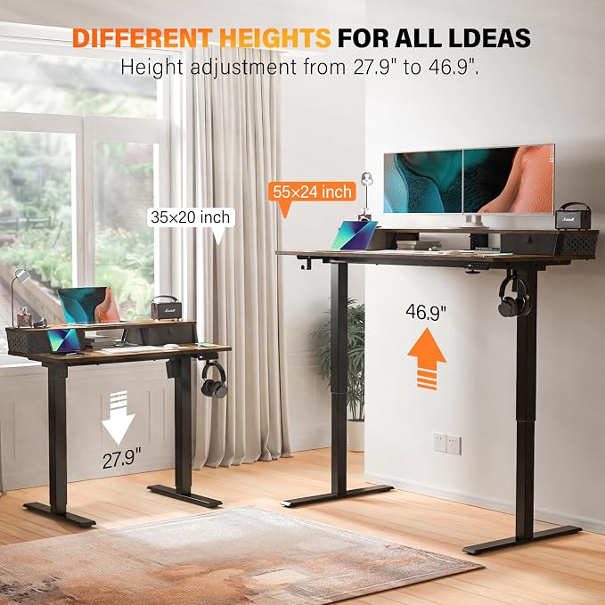 Electric Standing Desk with Two Drawers,48 x 24 Inch Sit Stand Desk Adjustable Height, Stand Up Desk with Storage Shelf, Computer Workstation for Home Office, Rustic Brown