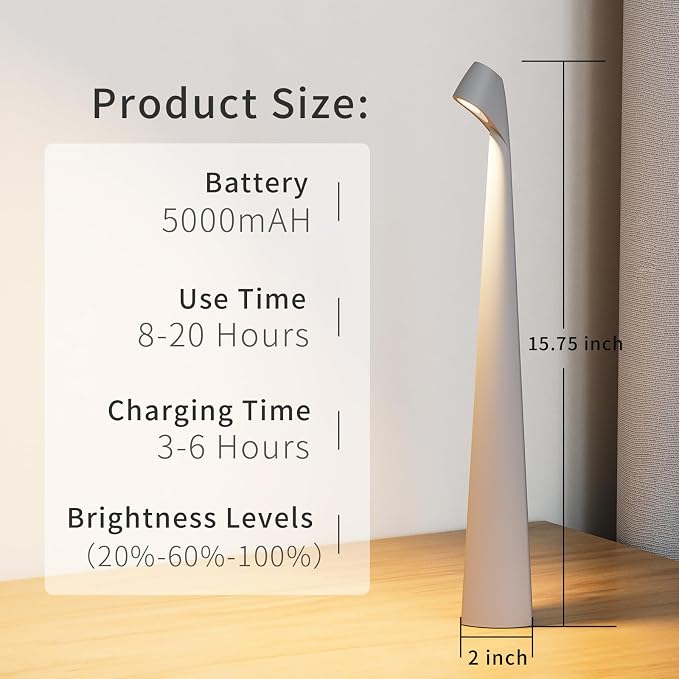 HAPYGI Portable Cordless LED Desk Lamp,Rechargeable Wireless Table Lamp, 3-Level Brightness, Patio Table Lamp, Bedside Night Light, Dining Room Ambient Light, Reading Light (Grey)