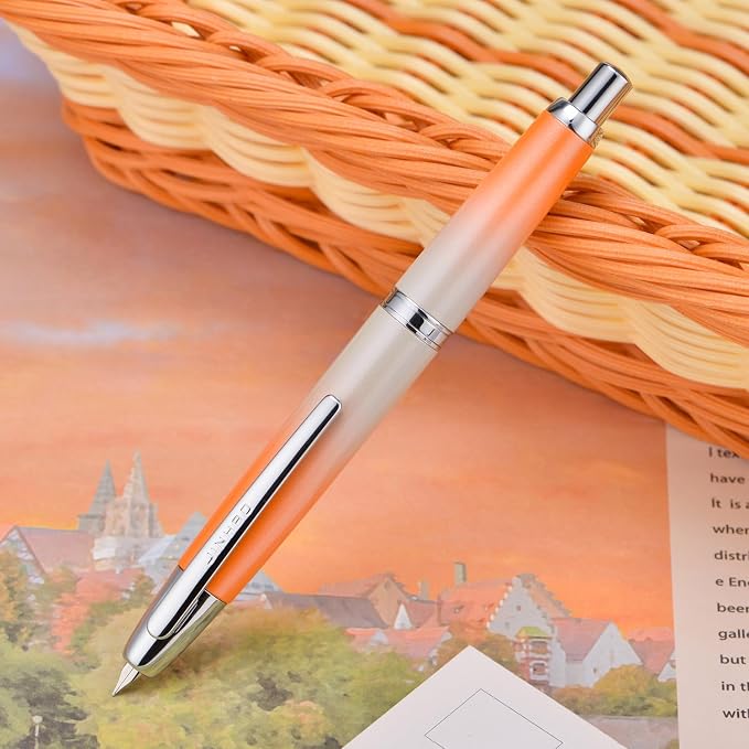 Jinhao 10 Press Fountain Pen with Box, Gradient Light Orange Retractable Fine Nib with Ink Converter Set (Silver Clip)