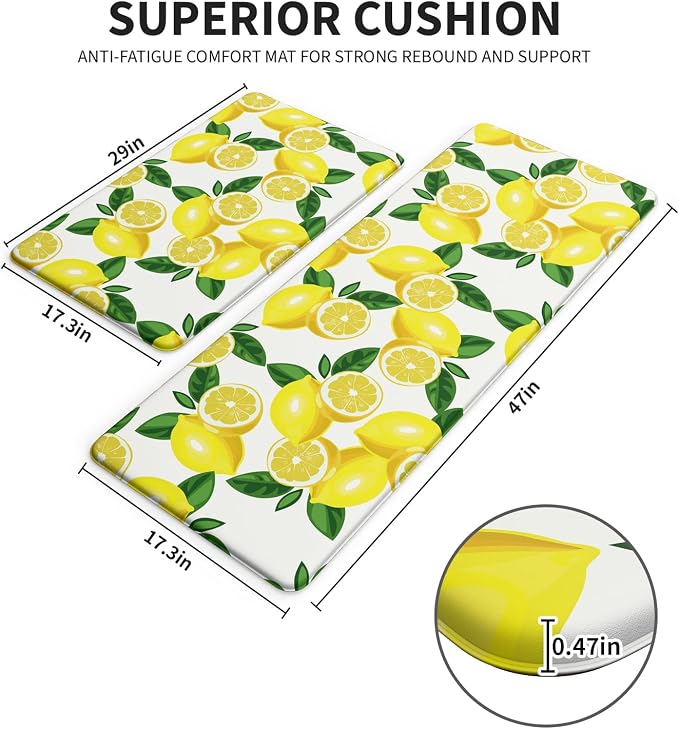 Lemon Kitchen Mats for Floor Set of 2 - Anti Fatigue Mats for Kitchen Floor, Cushioned Non-Skid Washable Memory Foam Rug for Office, Sink, Laundry (17.3"×29"+17.3"×47"-0.47") White