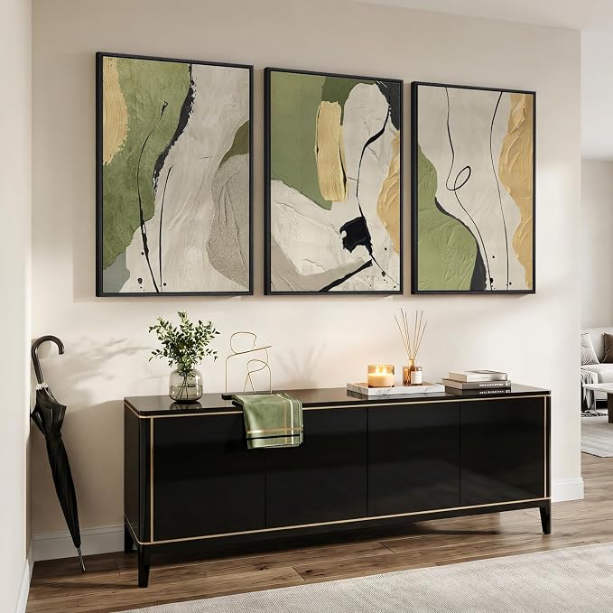 Large Framed Sage Green Abstract Wall Art for Living Room, 3 Piece Modern Canvas Prints Paintings Artwork for Walls, Gray Yellow Minimalist Pictures Wall Decor for Bedroom Dining Room Office, 24x36 In