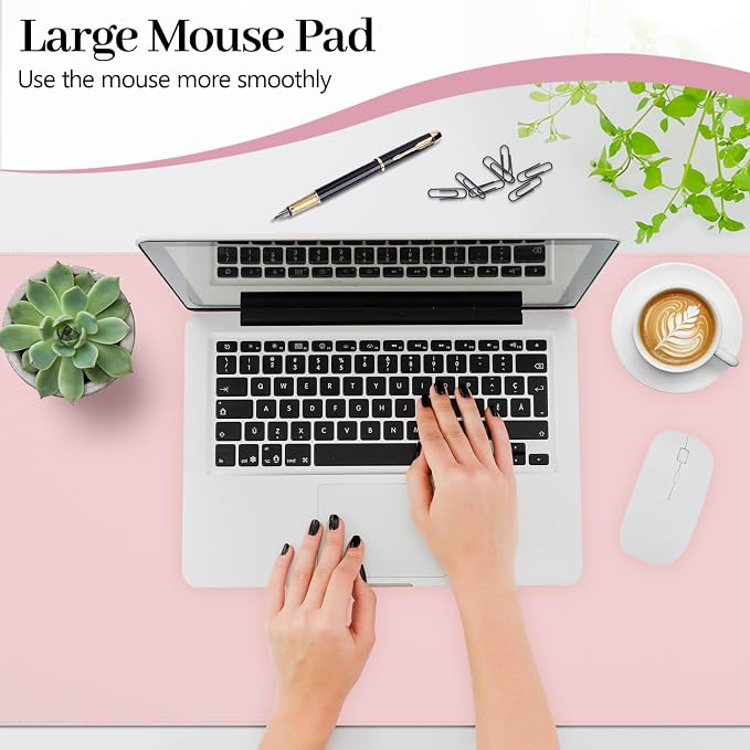 Pink Leather Desk Pad Large Mouse Pad, 35.4"x17" | Waterproof Desk Mat for Keyboard and Mouse, Non-Slip Computer Desk Protector, Smooth Mouse Control for Home Office