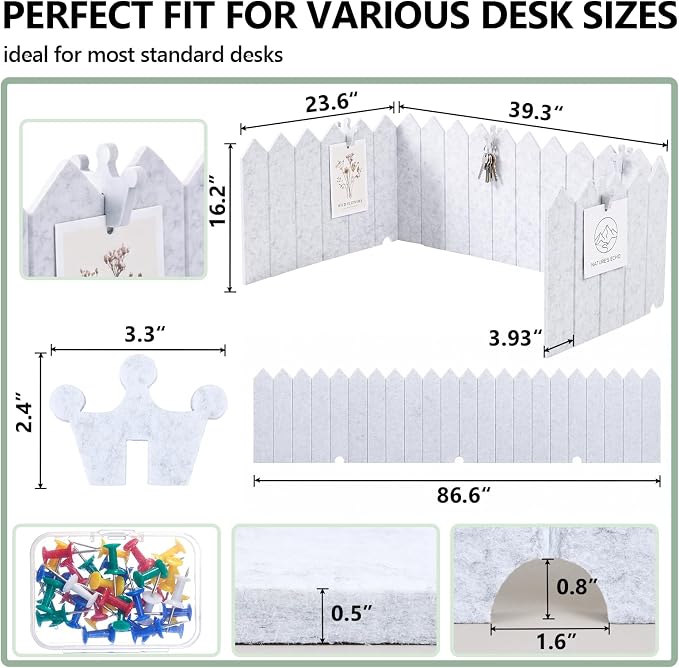86.5 x 16'' Foldable Felt Desk Divider with 25 Thumbtacks & 8 Clips, Acoustic Desk Partition Privacy Panel, Versatile Cubicle Shield Hanging Note Item, for Office Home (Triangular)