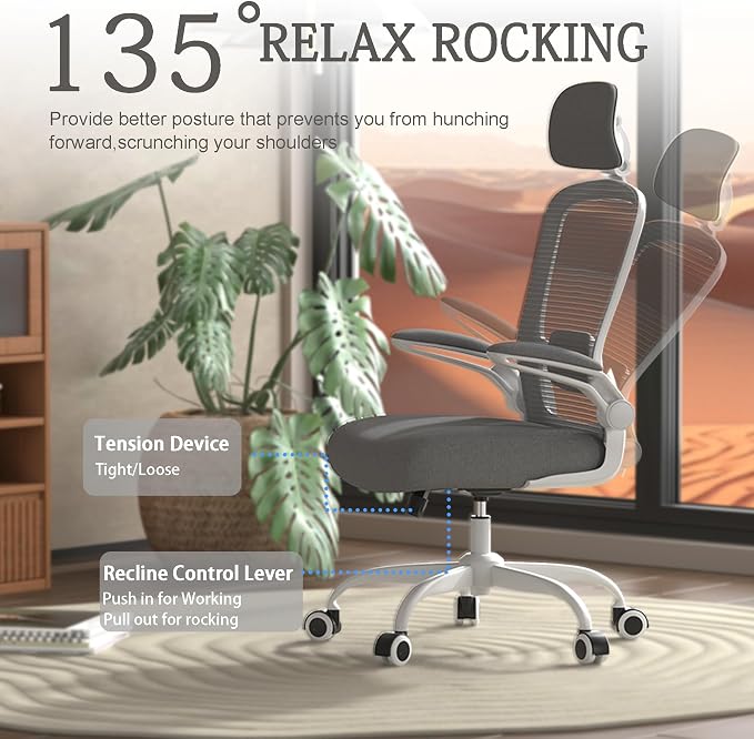 Mimoglad Office Chair, High Back Ergonomic Desk Chair with Adjustable Lumbar Support and Headrest, with flip-up Armrests for Guitar Playing, 5 Years Warranty (Modern, Charcoal (White Frame))