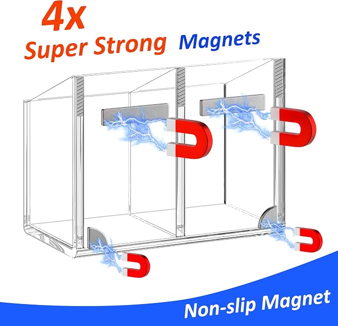 Magnetic Dry Erase Marker Holder for Whiteboard, 2 Slot Pen Holder for Desk | Fridge Refrigerator, Non-slip, Acrylic, Strong, Locker Organizer, Storage Accessories,Clear, Pencil Cup Marker Organizer