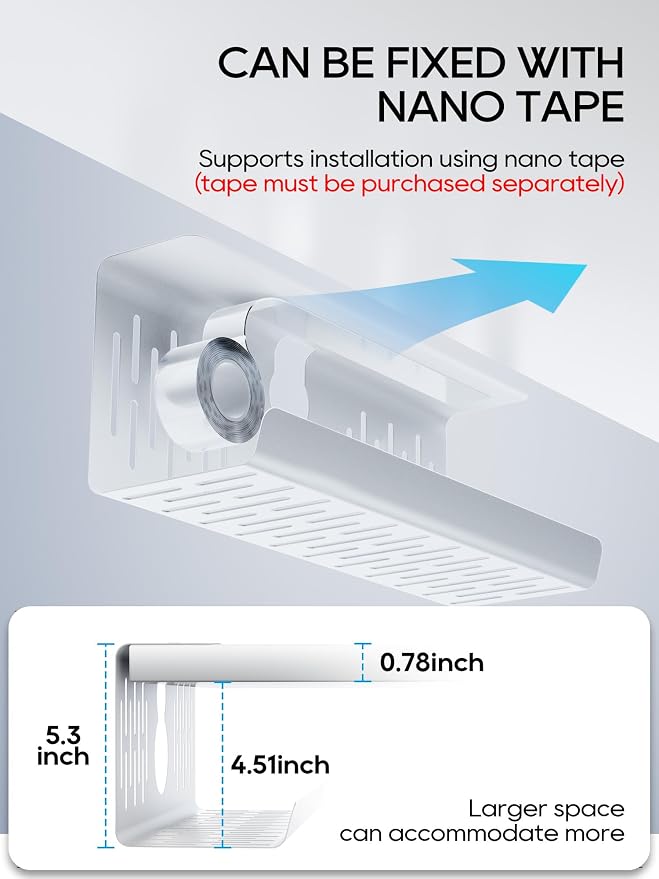 NODOCA No Drill Under Desk Cable Management Tray, 14'' Wire Management, Punch-Free Clamp on, Metal Cable Tray, Wire Organizer, Under Desk Basket for Office and Home, White