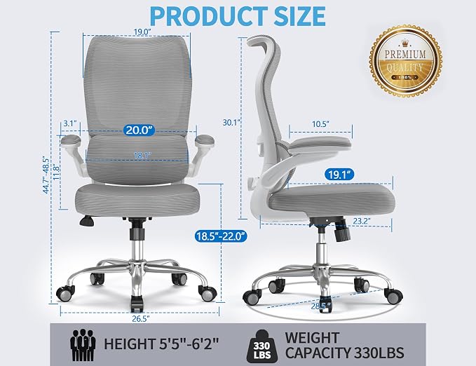 TRALT Ergonomic Office Chair- Desk Chair with Adjustable Lumbar Support | Big and Tall Back Ergonomic Desk Chair - Home Office Mesh Chairs and PU Leather Seat for Home Reading to Adults(Grey)