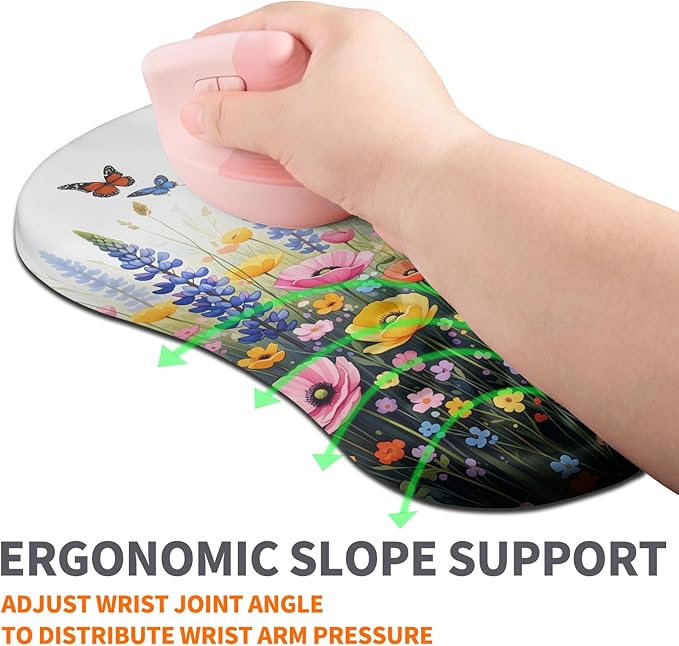 Ergonomic Joint Wrist Support Mouse Pad with Memory Foam Cushion Massage Bump, Carpal Tunnel Pain Relief Mousepad Slope Design for Wrist Rest, 11.8x7.9 in, Wild Flower