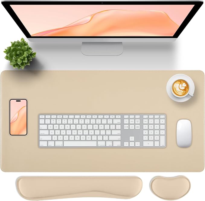 Beige Leather Desk Pad and Keyboard Wrist Rest, 27.6"x13.8" | 3in1 Mouse pad + Keyboard Wrist Rest + Mouse Wrist Rest, Non-Slip Waterproof Desk Writing Pad for Office and Home