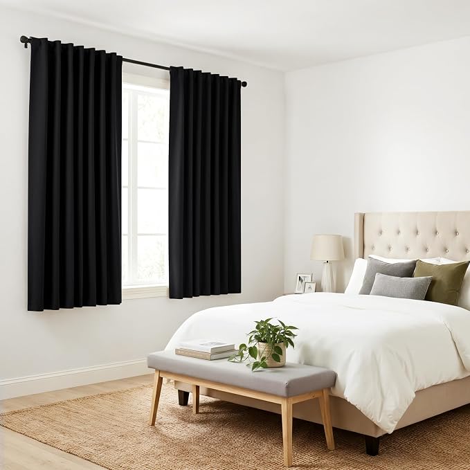 PONY DANCE Blackout Curtains 63 inch Length - Window Covering Panels Thermal Insulated Window Blinds Drapes Light Block Curtain Shades for Bedroom, 42-inch Wide by 63-inch Long, Black, 2 PCs