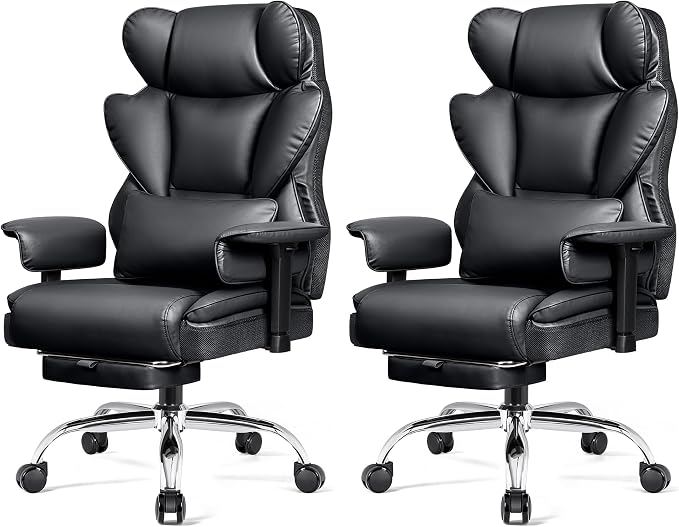 Big & Tall Office Chair, Ergonomic High Back Executive Desk Seat | 400 LBS Heavy Duty Steel Frame for Heavy Users, 23.6" Wide Seat, Padded Armrests, 165° Reclining, Black PU Leather, 2 Pack