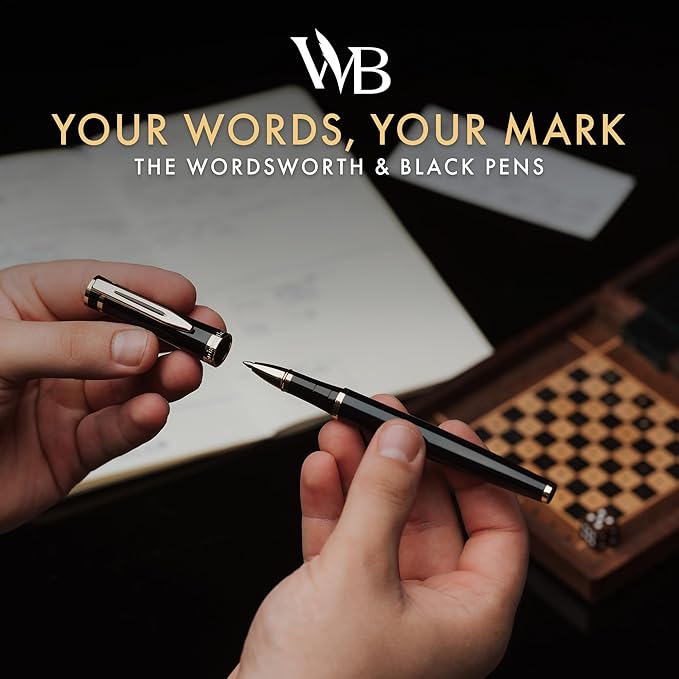 Wordsworth and Black Rollerball Pen - Luxury Pen - 24K Gold Finish, Black Lacquer, Ink Refill, Refillable Gift for Men & Women, Professional Writing, Nice and Fancy Pens and for Work