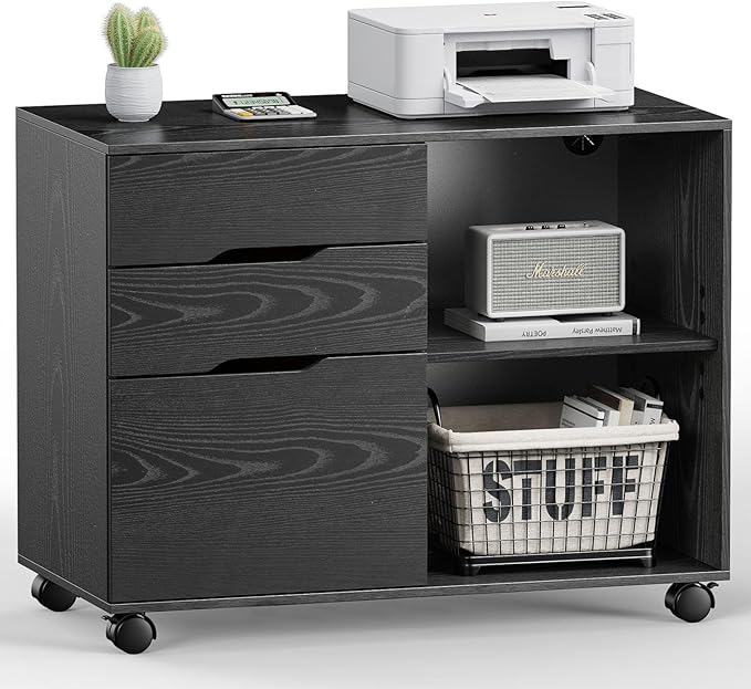 DUMOS File Cabinet with 3 Drawers, Wood Under Desk Storage Printer Stand | Rolling Lateral Filing Cabinet with Adjustable Shelves for Home Office Study Organization,Black