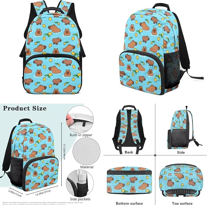 ZFRXIGN Little Capybara Kids Backpack for Boys 8-12 10-12 Bookbag with Cute Pendant 17inch Girls School Bag and Insulated Lunch Box Pencil Case Blue Bagpack Set