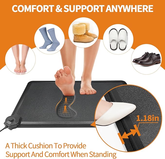 Heated Anti Fatigue Mat - Warming Comfort & Durable Standing Mat at Home, Kitchen, Office, Heating Standing All Day Non Slip Floor Mats for Winter - Easy to Clean, Waterproof - Black