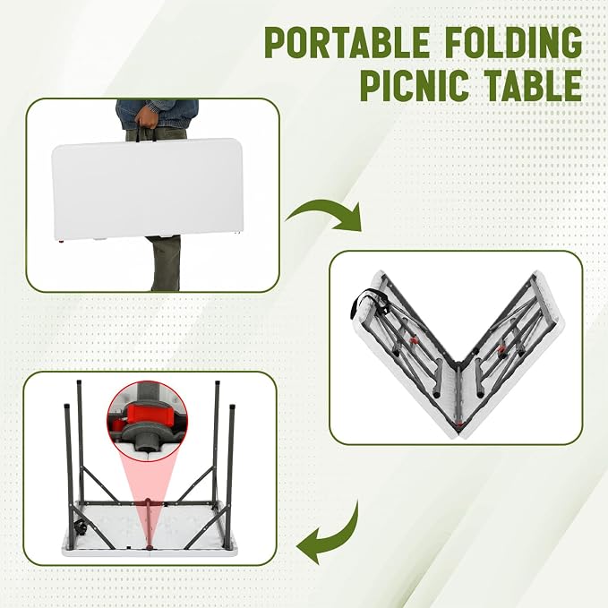 FDW 34" Square Plastic Folding Card Table, Portable Fold-in-Half Plastic Picnic Party Table with Carrying Handle, White