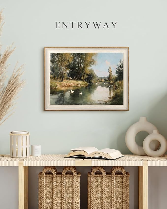 VIYYIEA Framed Wall Art for Living Room, Peaceful River Landscape Canvas Prints, Vintage Pastoral Countryside Nature Home Decor, Bedroom Kitchen Office Bathroom Wall Decor, 12x16 Inch