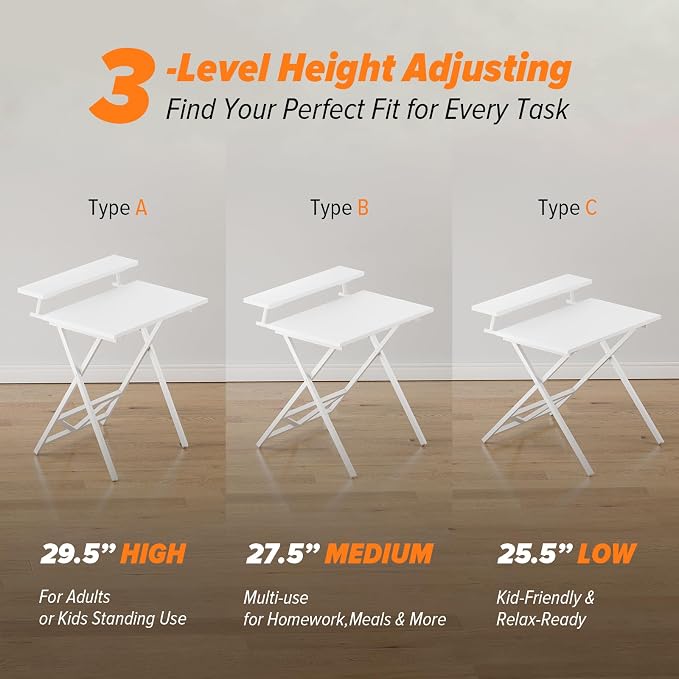 WOHOMO Folding Computer Desk with Adjustable Height, 23.6" x 31.5" x 25.6" Foldable Table with Monitor Stand, Small Office Desk for Bedroom, Space Saving Desk for Home Office, Easy Assemble, White