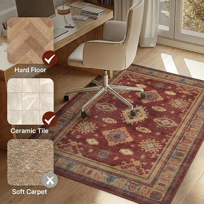 48"x60" Office Chair Mat for Hardwood Tile Floor, Under Desk Carpet Protector for Rolling Computer Chair Mat, Machine Washable Area Rug, Anti-Slip 1/5" Thick Low Pile Thin Vinyl Floor Mat, Crimson