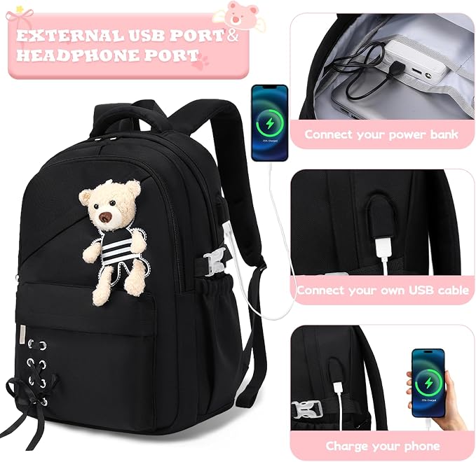 ACESAK School Backpack for Girls - 3 PCS Cute Girls Backpack with Lunch Box & Pencil Case - Kawaii Casual Kids Bookbag School Bag Daypacks Set for Elementary Middle High School Student Teens (Black)