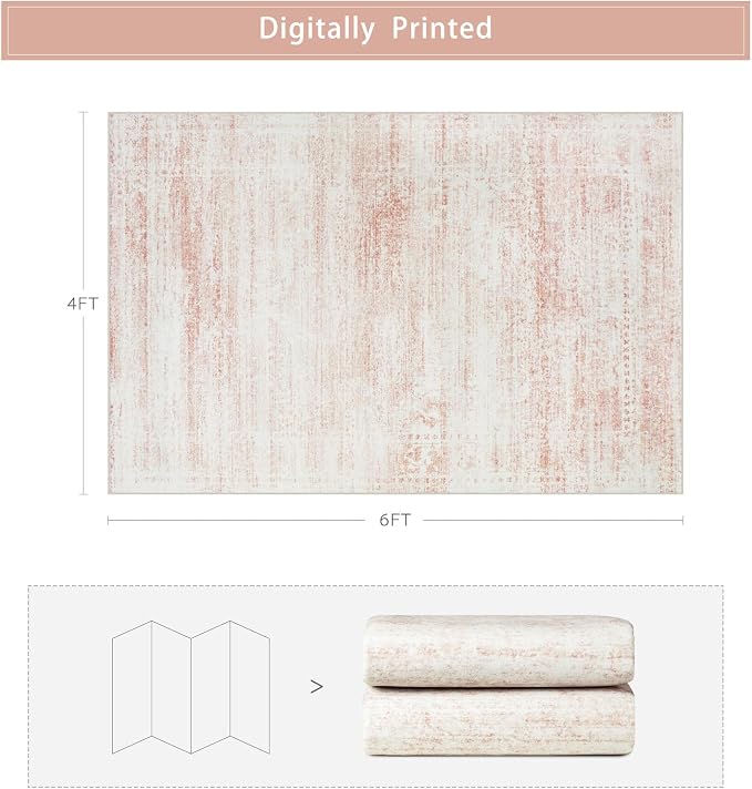 Srugn Washable Rugs 4x6 Area Rugs for Living Room,Bedroom,Kids Room,Nursery- Soft Faux Wool Small Carpets,Non Slip&Non-Shedding Low Pile Vintage Print Rugs for Enterway,Home Office Decor-Pink White
