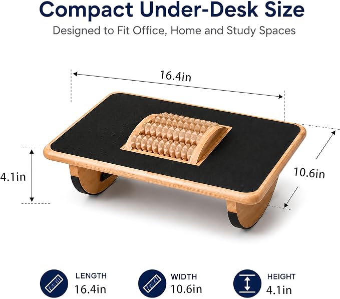 Foldable Under Desk Foot Rest, Wooden Rocking Footrest with 4 Massage Rollers, Natural Rubber Wood Ergonomic Foot Stool with Silicone Anti-Slip Surface, Office Home Study Footrest for Post