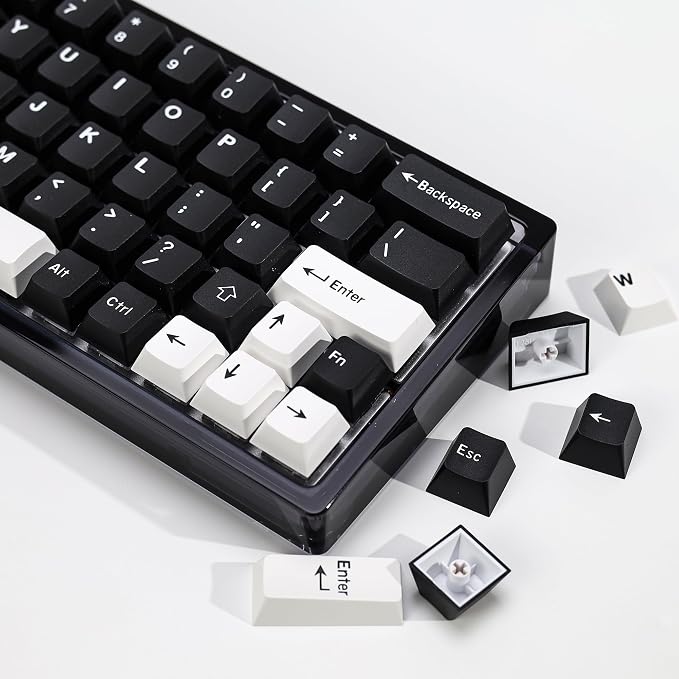 WOB PBT Double Shot Custom Keycap Set,174 Keys Black and White Gaming Key Caps Cherry Profile Keycaps for 61/64/68/84/87/100/104/108 Mechanical Keyboard