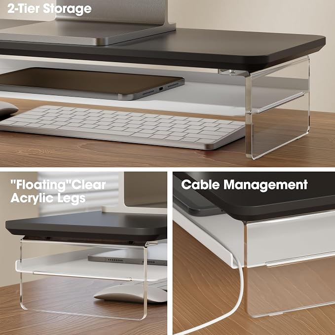 Fenge 23.6" Monitor Stand with Clear Acrylic Legs, Black | Clear Acrylic, Storage Compartment, 2-tier Home Office Monitor Riser, Wide Large Desktop Shelf Fit Monitor/Laptop/Printer