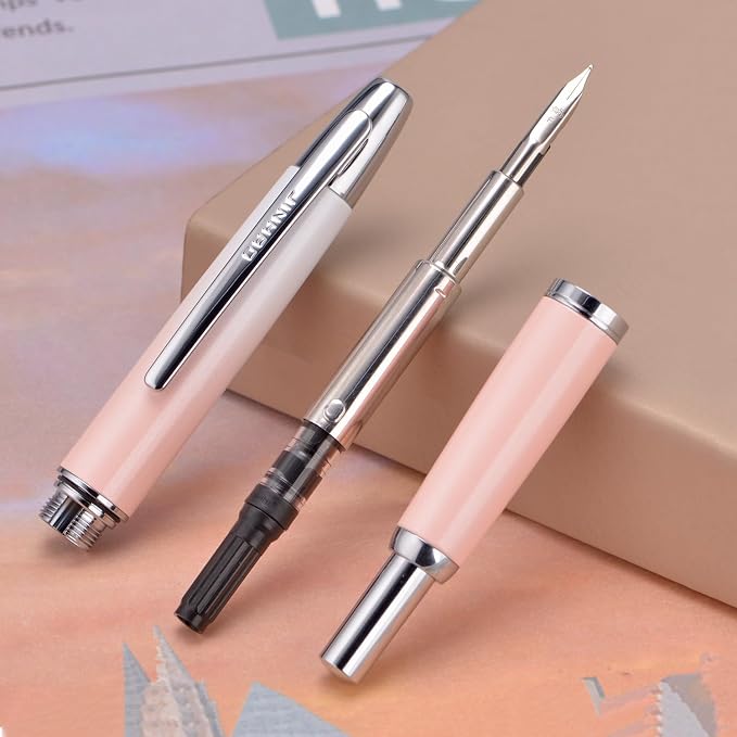 Jinhao 10 Press Fountain Pen with Box, Gradient Peach Pink Retractable Fine Nib with Ink Converter Set (Silver Clip)