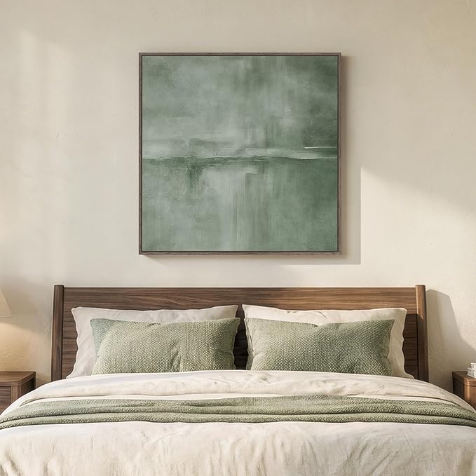 Large Framed Green Abstract Wall Art, Modern Minimalist Sage Green Canvas Prints Artwork for Walls, Contemporary Square Pictures for Living Room Bedroom Dining Room Hallway Office Wall Decor, 36x36 In
