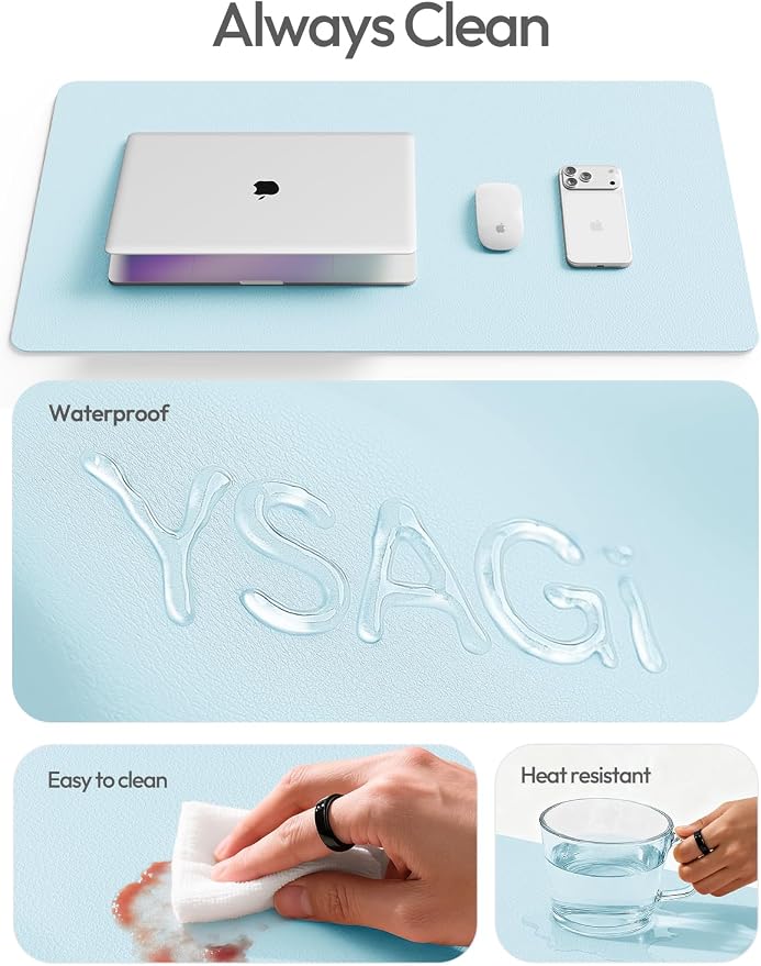 YSAGi Leather Desk Pad Protector, Office Desk Mat, Large Mouse Pad, Non-Slip PU Leather Desk Blotter, Laptop Desk Pad, Waterproof Desk Writing Pad for Office and Home (Baby Blue,55" x 24")