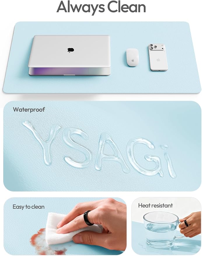 YSAGi Leather Desk Protector, Office Mat, Large Mouse Mat, Non-Slip PU Leather Blotter, Laptop Desk Mat, Waterproof Writing Pad for Office and Home(Baby Blue, 42" x 17.2")