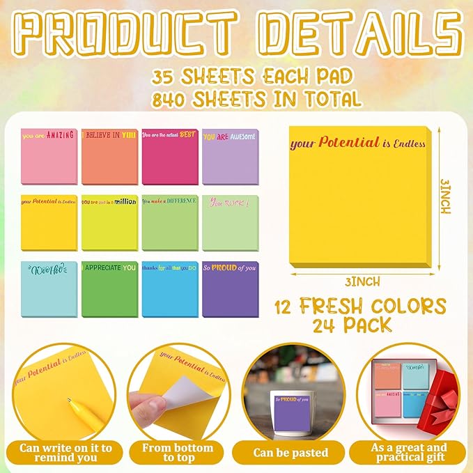 Yinder 24 Pcs Inspirational Sticky Notes Thank You Gift Motivational Sticky Note Pad Employee Appreciation Gift Bulk for Staff Coworker Teacher Nurse Office Groups 3 x 3'' (Thank You,Classic Color)