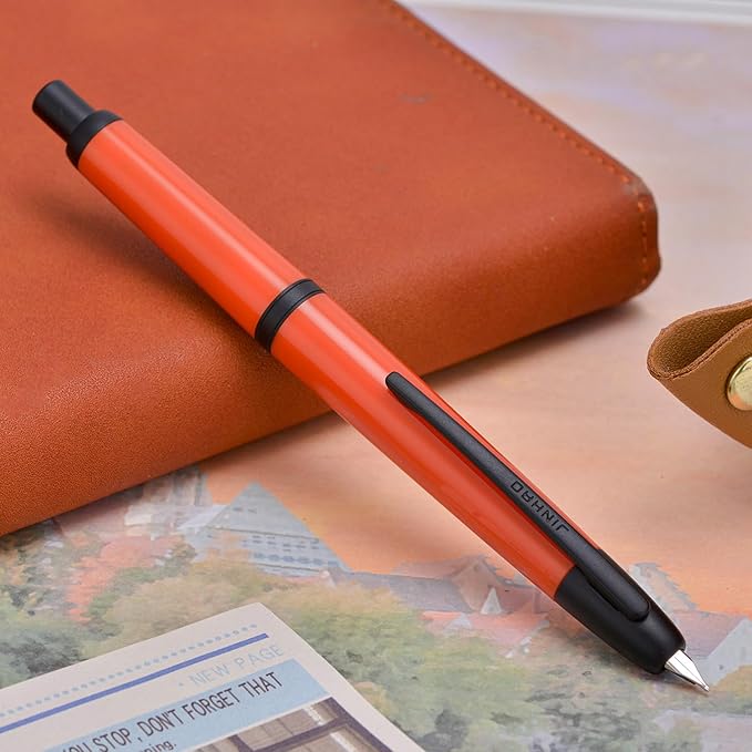Jinhao 20 Press Retractable Fountain Pen Extra Fine Nib with Converter Resin Writing Gift Pen, Dark Red with Black Clip