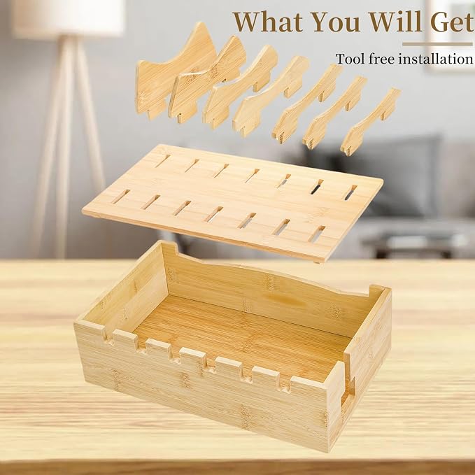 WRINGKIT Bamboo Charging Station for Multiple Devices, Hold 6 Devices | Desktop Charging Docking Stations Organizer with Removable Divider Slots, Compatible with Tablets, iPads, Cell Phone, Laptop