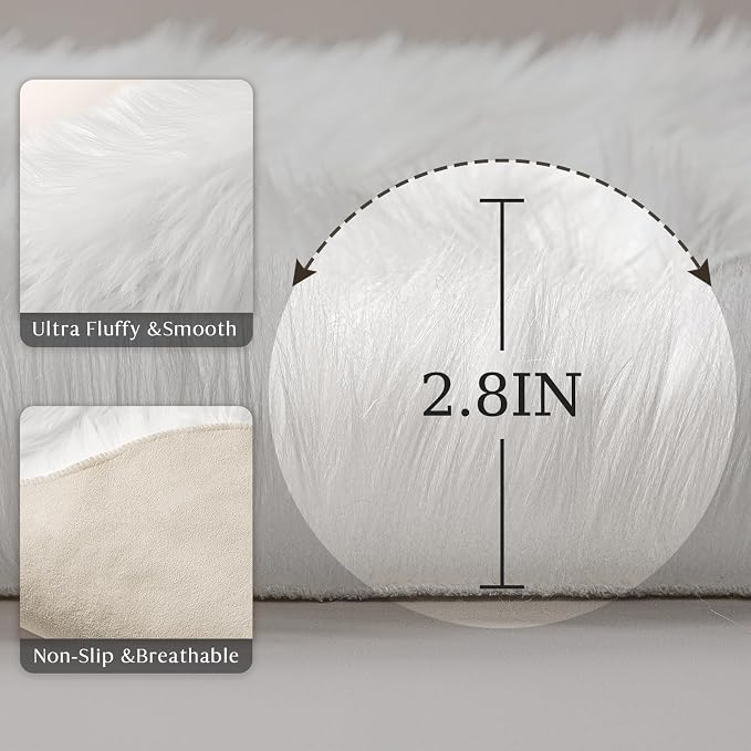 Ashler Faux Fur Rug, Fluffy White Small Sheepskin Rug, Ultra Soft 2x3 Ft Mat, Machine Washable Shag Mats, Nursery Throw for Bed, Living, Kids Room