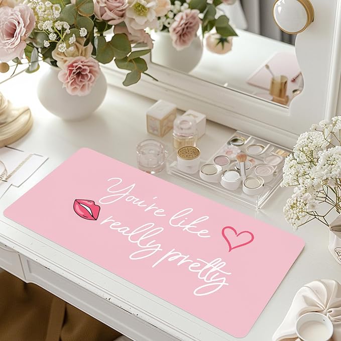 DOUDIZHU Makeup Mat for Vanity, Dual-Sided Vanity Top Protector Mat Waterproof Dressing Desk Makeup Table Cover Mat You're Like Really Pretty (Baby Pink/Silver, 23.6"x11.8")