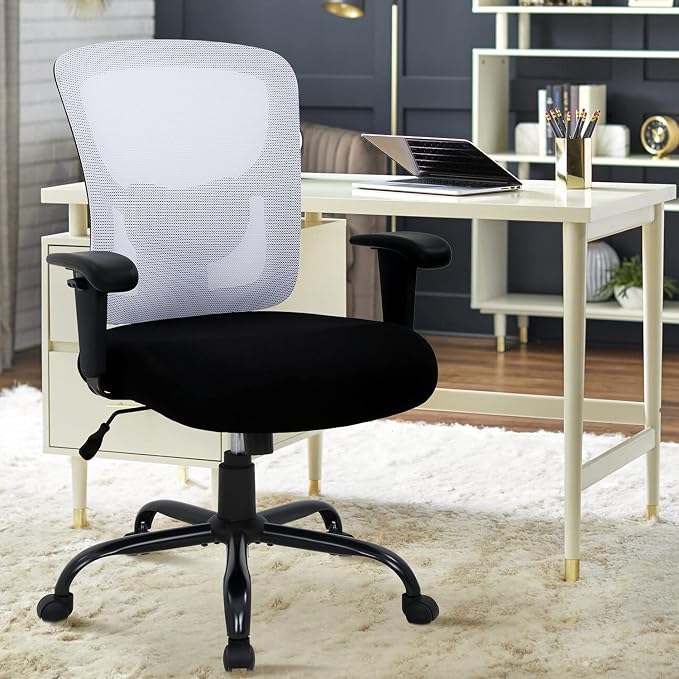 Big & Tall Office Chair Heavy Duty 400LBS Computer Desk Chair Ergonomic Task Rolling Swivel Mesh Chair with Lumbar Support & Adjustable Armrest Executive Chair for Women Men, White