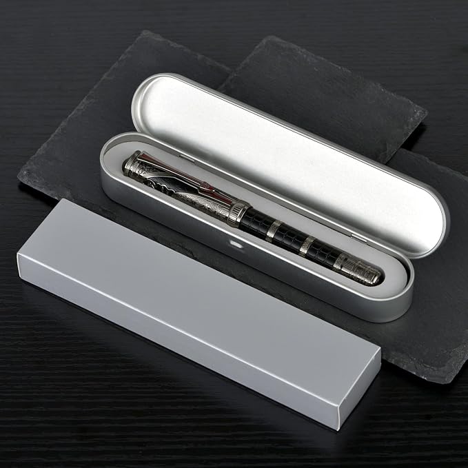 Hongdian D5X Fountain Pen Black Color Medium Nib, Qin Dynasty Retro Chinese Totem Engraving Smooth Writing Pen with Converter and Pen Box Set