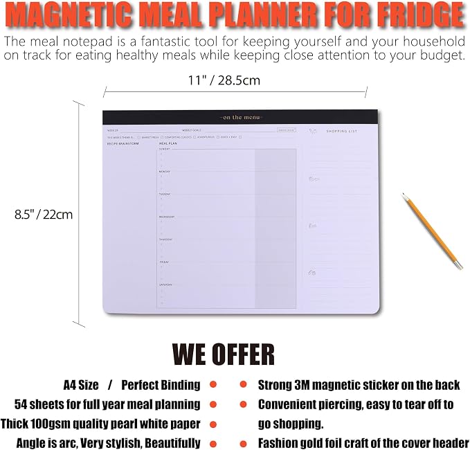 Weekly Meal Planner with Recipes and Grocery List Magnetic Notepad For Fridge - 8.5x11'' Menu Planning Pad With 54 Sheets Tear Off Shopping List For Family Dinner Menu and Meal Prep Planning