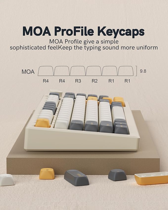 Keymatic 137 Double Shot PBT Keycaps Set MOA Custom Retro keycaps for 61/64/68/84/87/100/104/108 Retro Gaming Mechanical Keyboard Gray Gold(Only Keycap Set)