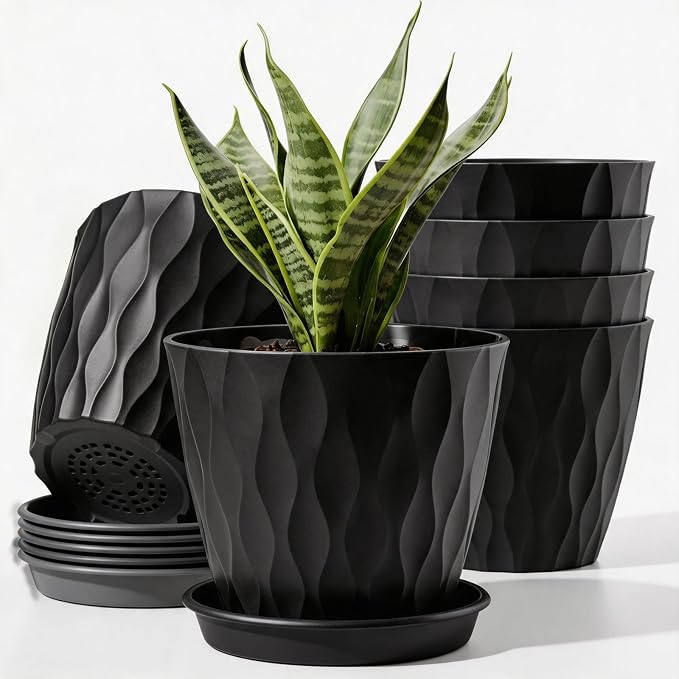 6 Pack Plant Pots with Drainage Holes, 4 Inch Plastic Indoor Flower Pots, Succulent Pots for Orchids, Violets, Succulents, Herbs and Other Small Plant, Black