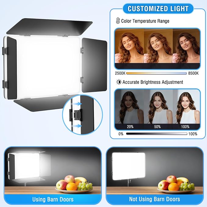 2 Pack LED Video Light with Barndoor, 20W Bi-Color LED Studio Lights Panel, 2500K-8500K Dimmable Photography Lighting Kit for Video Recording Shooting Live Streaming Podcast