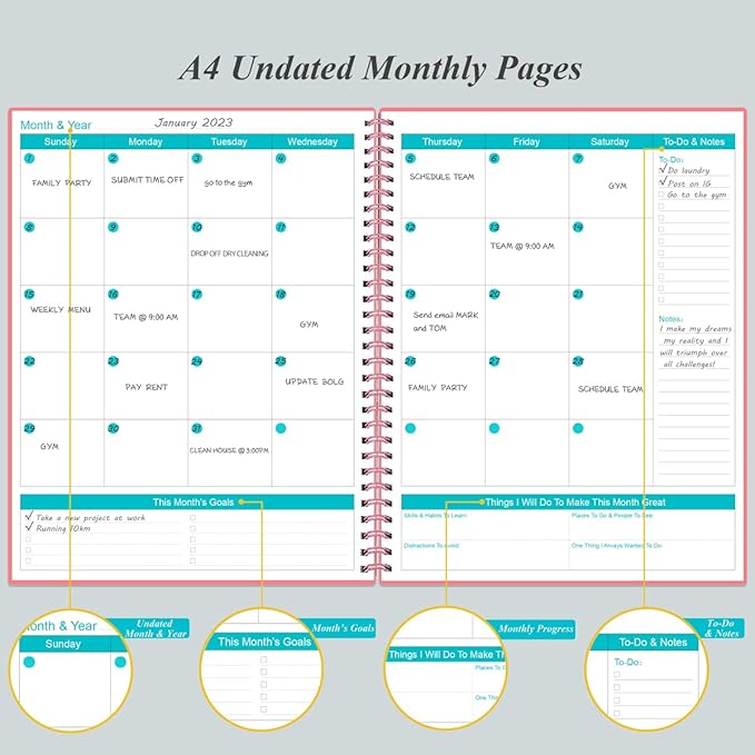 Undated Planner Pro - 8.5" x 11" Weekly & Monthly Planner to Achieve Goals & Increase Productivity, 12 Months Undated Agenda Daily Planner, Start Anytime, Pink