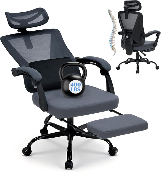 Ergonomic Office Desk Chair with Footrest - Adjustable Lumbar Support & 3D Headrest, 90-160° Reclining Mesh High-Back Rolling Work Swivel Computer Chair - Home Office/Gaming, 400lbs Capacity