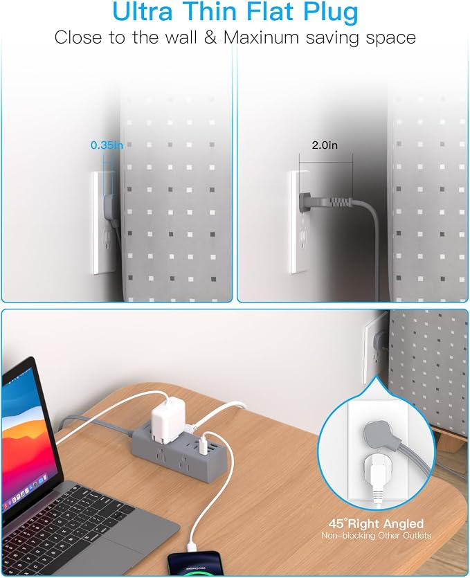 15Ft Extension Cord with Multiple Outlets, Flat Plug Power Strip Surge Protector with 15 Ft Long Cord, 6 Outlet 4 USB Ports (2 USB C), Multi Outlet Wall Plug for College, Dorm Room Essentials(Grey)