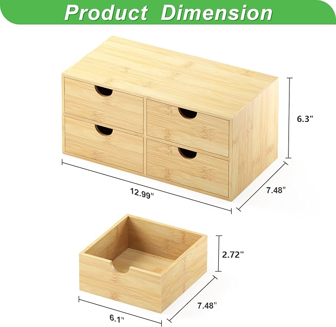 Wisuce Desk Organizer with Drawers - Bamboo Desktop Organizer Storage | White-Natural Wood Desk Drawers Organizer for Bills, Office Supplies, Cosmetics, Seals No Assembly Required(4 drawers)