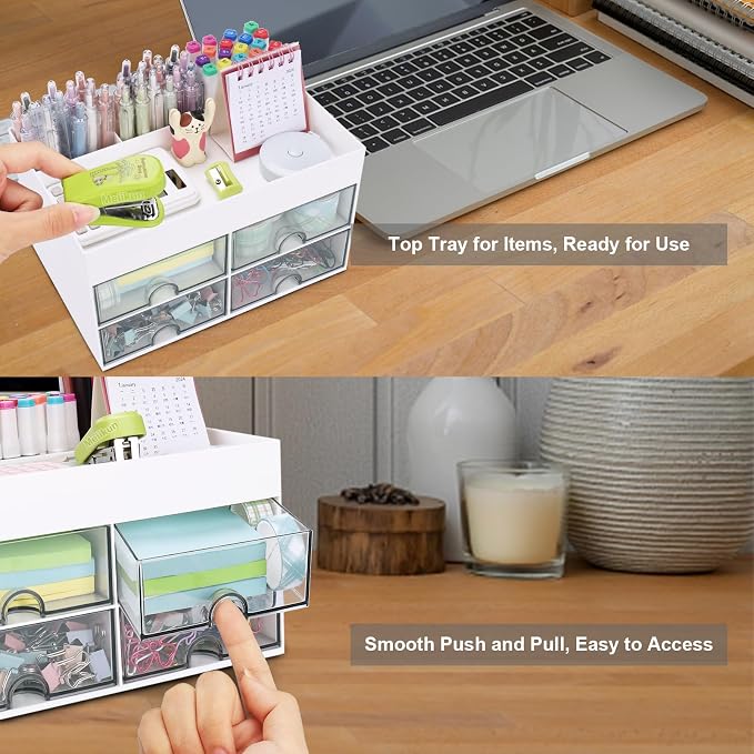 Meiikun Desk Organizer, Office Organizer with Drawer, Desk Accessories & Workspace Organizers, Pen Holder Office Supplies for Desk (4 Drawers+4 Compartments, White)