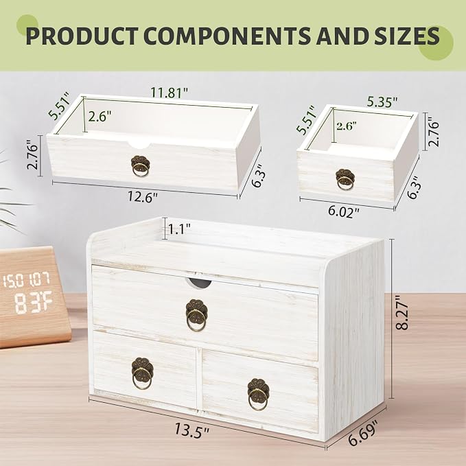 Wood Desk Organizer with Drawer, White Wooden Desktop Organizer, Tabletop Storage Organization Box for Countertop, Home Office Supplies, 13.5x6.6x8.2 Inch(3 Drawer and Shelf)